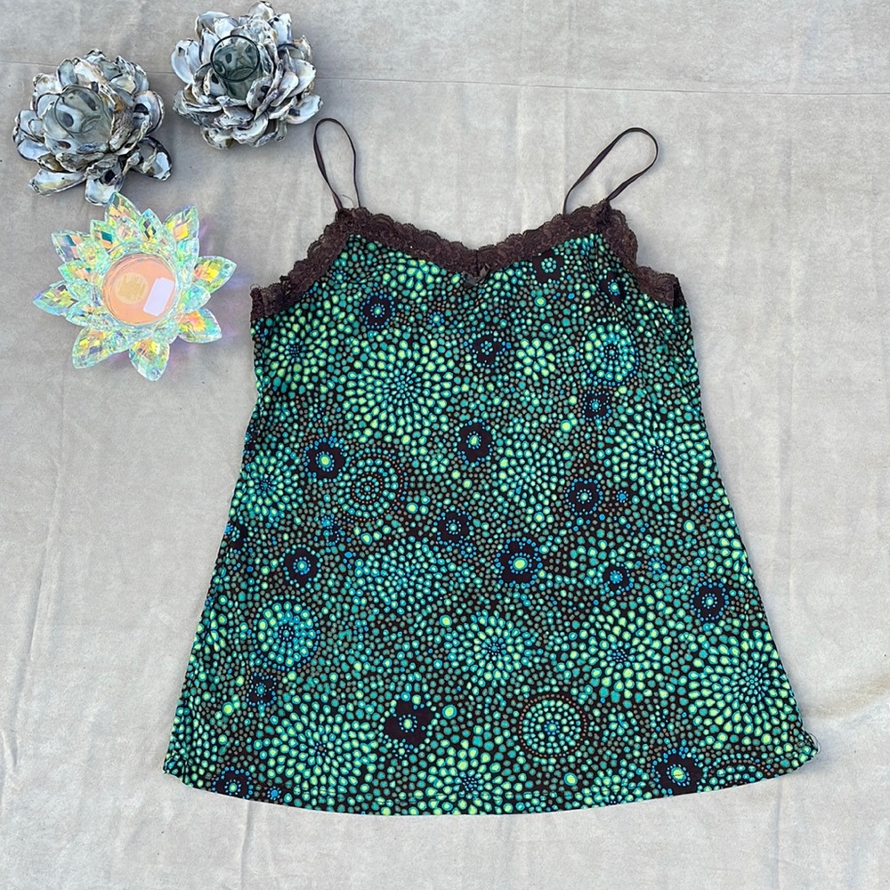 💚 Caren Sport Brown Green Adjustable Strap Stretch Lace Sheer Trim Cami Top XL